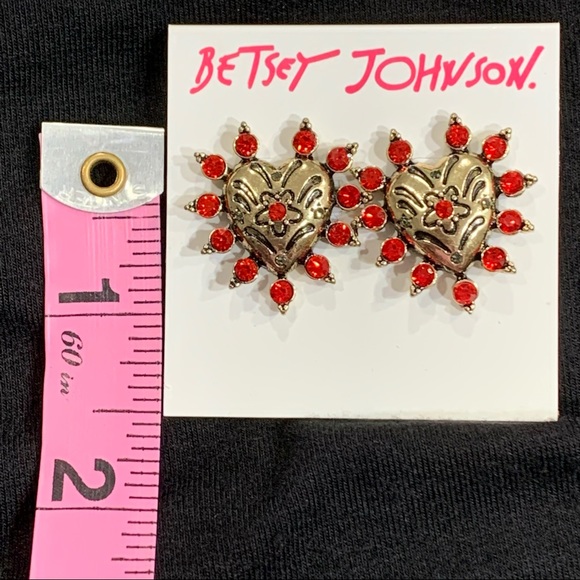BETSEY JOHNSON Sparkling Red & Gold Floral HEARTS POST EARRINGS! Sweet Love Gift - Picture 6 of 6